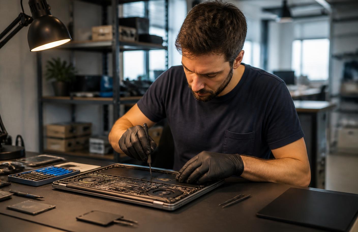 Technician working on a laptop in a service workshop